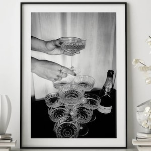 Champagne Glasses Poster, Bar Cart Art, Bar Pub Black and White Wall Art, Vintage Print, Photography Prints, Wall Decor, Wall Art