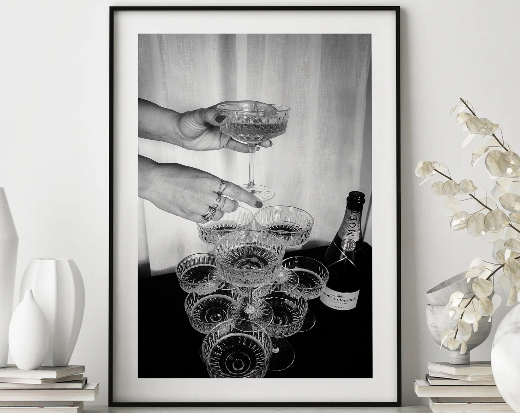 Champagne Glasses Poster, Bar Cart Art, Bar Pub Black and White Wall Art, Vintage Print, Photography Prints, Wall Decor, Wall Art