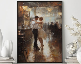 May include: A painting of a couple dancing in a dimly lit bar. The man is wearing a white shirt and dark pants, and the woman is wearing a white dress. The bar is filled with people, and there are lights hanging from the ceiling.