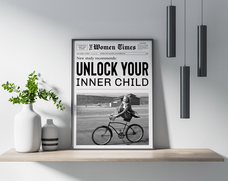 May include: A black and white newspaper clipping with the headline "New study recommends: UNLOCK YOUR INNER CHILD". The image shows a young girl riding a bicycle.