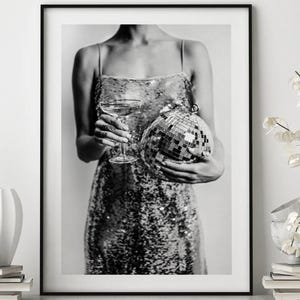 Women With Disco Ball Poster, Black and White Art, Women with Disco Ball, Retro Wall Art, Vintage Disco Art, Funky Home Decor
