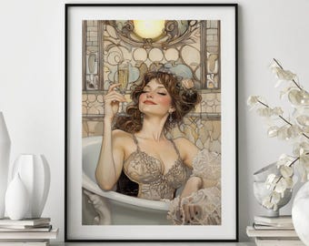 Art Deco Champagne Bath Print, Feminine Glamour Art