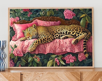 Olive Green Sleepy Leopard in a Vintage Bed - Leopard Bedroom