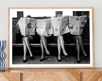 Women Reading Newspaper Print, Black and White Vintage Wall Art