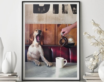 Poster divertente con cane da caffè, arte da cucina vintage, decorazioni per la sala da pranzo