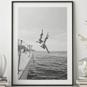 Black and White Ocean Jump Sail Boat, Yacht Wall Art, Women Jumping into Water, Wall Art, Beach Print, Summer Art, Boat Wall Art