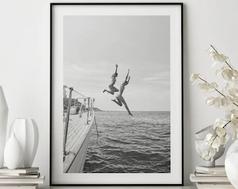 Black and White Ocean Jump Sail Boat, Yacht Wall Art, Women Jumping into Water, Wall Art, Beach Print, Summer Art, Boat Wall Art