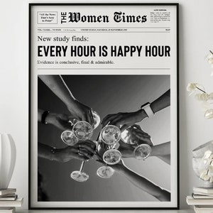 Every Hour is happy hour plakat nr 2, modny wydruk gazetowy, zabytkowy wózek barowy, dziewczęcy wydruk retro, wydruk happy hour, modny wydruk