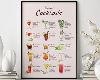 Cocktail Recipe Print, Delicious Cocktails Guide, Kitchen Wall Art