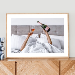 Woman Drinking Wine in Bed Poster Print, Feminist Poster, Alcohol Wall Art, Bar Cart Print,Girl Room Decor, Wall Decor, Trendy Poster