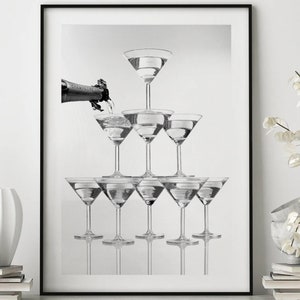 Champagne Glasses Poster, Bar Cart Art, Bar Pub Black and White Wall Art, Vintage Print, Photography Prints, Wall Decor, Wall Art