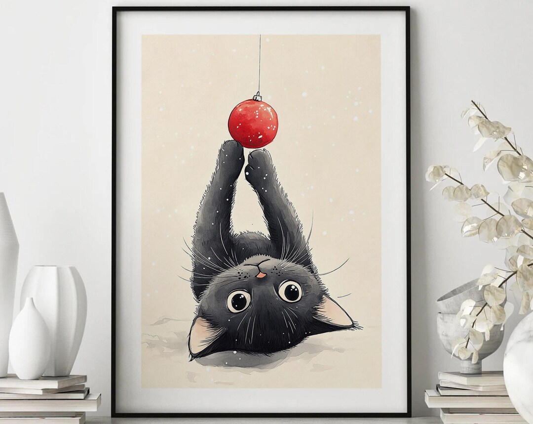 Cat Wall Art, Holiday Print, Christmas Cat, Cute Cat Art, Festive Decor