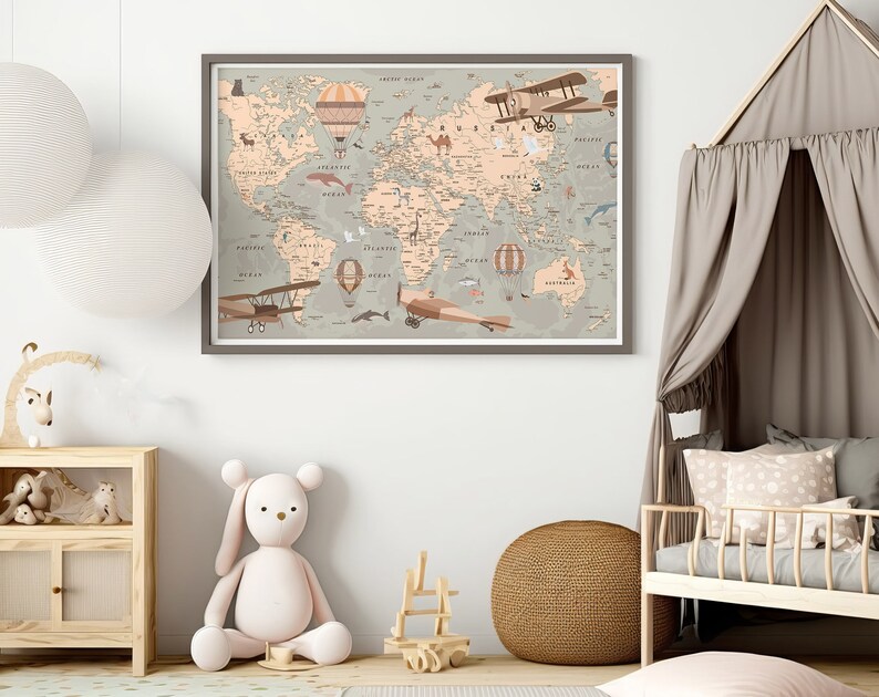Educational World Map, Kids Nursery Decor, Illustrated Poster - Etsy