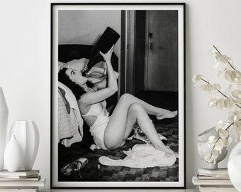 Woman with Champagne Bottle Print, Feminist Bar Wall Decor