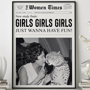 Girls Girls Girls Print, Newspaper Print, Girl Dorm Room Art, Girls Having Fun Print, Black and White Print, Bar Cart Art, Fashion Print