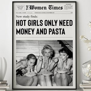 Pasta Art Print, krantenprint, meisjes slaapzaal kunst, meisjes plezier print, zwart-wit print, barwagen kunst, mode print