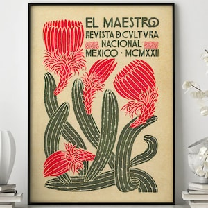 Póster de exposición de arte mexicano, arte mural de cactus, póster de viaje a México, arte mural vintage, póster de El Maestro, impresión de cultura mexicana