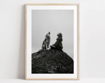 Girl and Wolf Howling at Moon Art Print – Foggy Sky on Black Rock