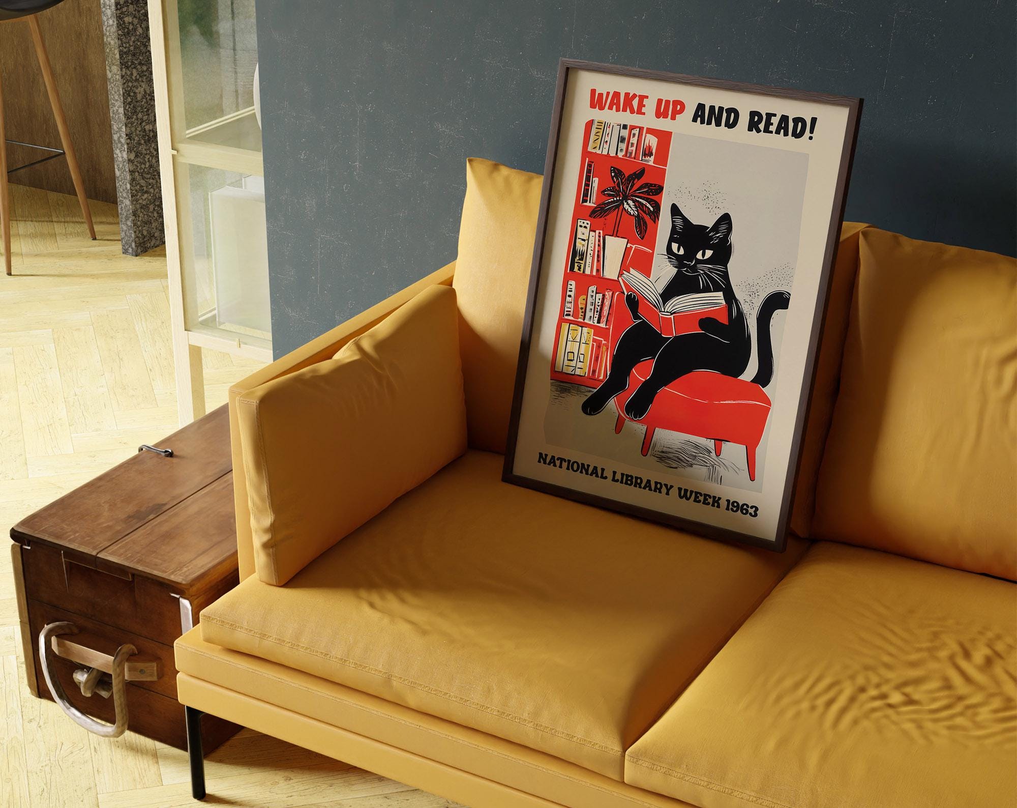 Cat Reading Poster, Wake Up and Read, National Library Wall Art, Cute Cat Print, Wall Decor, Reading Art Print