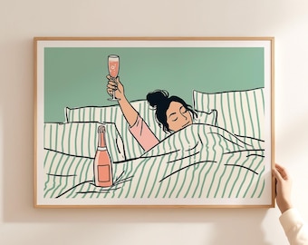 Woman Drinking Wine in Bed Poster, Feminist Wall Art, Bar Cart Print