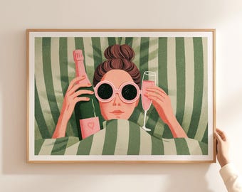Woman Drinking Wine Print, Feminist Wall Art, Girly Decor