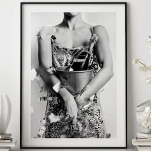 Women With Disco Ball Poster, Black and White Art, Women with Disco Ball, Retro Wall Art, Vintage Disco Art, Funky Home Decor
