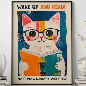 Poster di gatto che legge, svegliati e leggi, arte murale della Biblioteca nazionale, stampa di un gatto carino, decorazione murale, stampa artistica di lettura n. 2