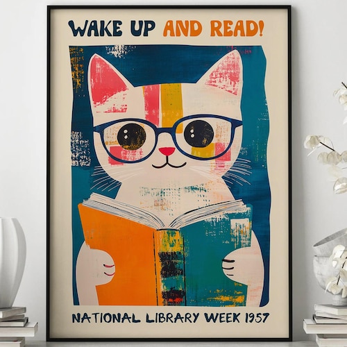 【CAT】　vintage poster Cat Reading Art Print, Library Wall Decor, Framed Poster - Etsy