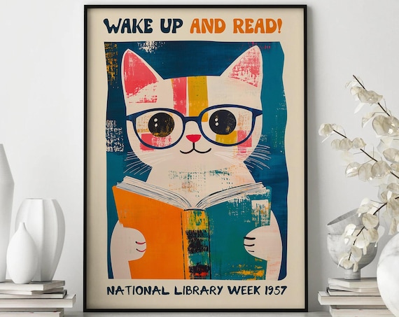 Cat Reading Art Print, Library Wall Decor, Framed Poster - Etsy