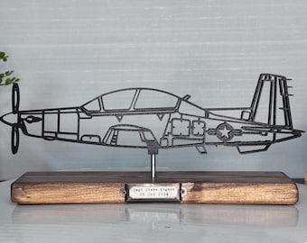 T-6 Texan II aircraft silhouette Art on wooden stand with optional challenge coin base