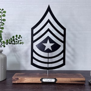 SGM - Sergeant Major (E-9) Army enlisted rank silhouette Art on wooden stand with optional challenger coin holder base