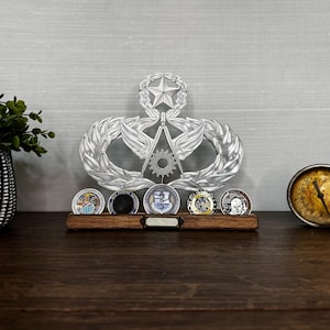 Air Force Civil Engineer (CE) 3D badge on wooden stand - optional challenge coin holder base