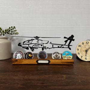AH-64 Apache helicopter silhouette art on wooden stand - optional challenge coin base holder