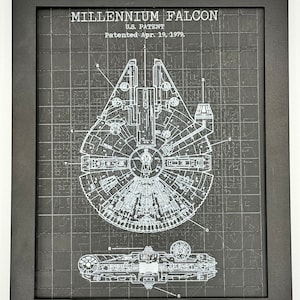 May include: A black and white blueprint style illustration of the Millennium Falcon spaceship, with the text "MILLENNIUM FALCON", "U.S. PATENT", and "Patented Apr. 19, 1979".