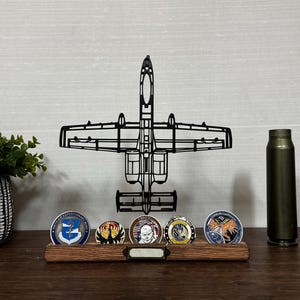A-10 Thunderbolt II (Warthog) Silhouette Art on wooden stand - optional challenge coin holder base