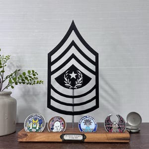 CSM - Command Sergeant Major - Army enlisted rank silhouette Art on wooden stand with optional challenger coin holder base