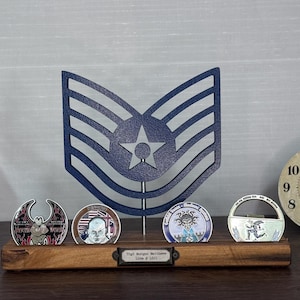 TSgt - Technical Sergeant (E-6) Air Force rank silhouette art on wooden stand with optional challenge coin holder base