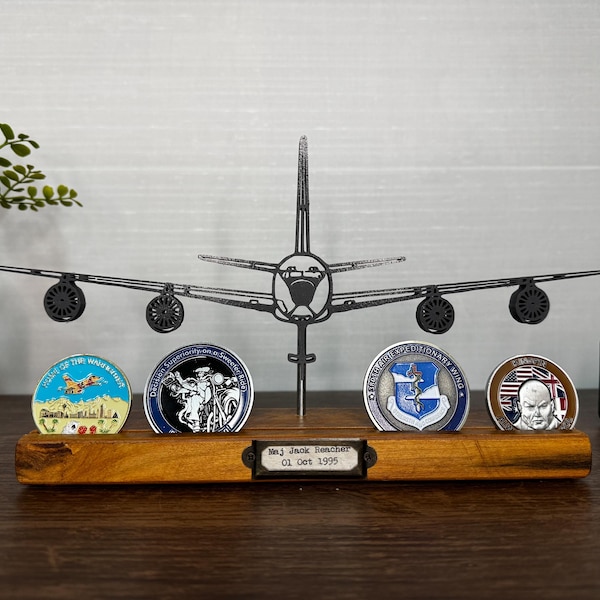 KC-135 Stratotanker Silhouette Art on wooden stand - optional challenge coin holder base