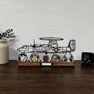 E-2 Hawkeye Silhouette Art on wooden stand - optional challenge coin holder base