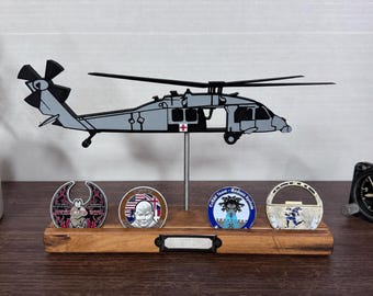 HH-60 / UH-60 Black Hawk Medevac helicopter Silhouette Art on wooden stand - optional challenge coin holder base