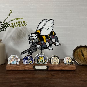 Navy Seabee emblem on Oak stand - optional challenge coin holder base