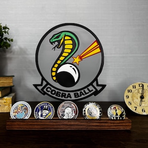 RC-135S Cobra Ball patch / logo - wooden stand with optional challenge coin base