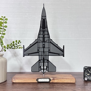 F-16 Fighting Falcon Silhouette Art on wooden stand - optional challenge coin holder base
