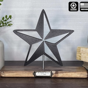May include: A dark gray metal star sculpture on a wooden base. The star is mounted on a metal rod and has a textured surface. The base has a small metal nameplate that reads "St. George Patton 7th Army". The image also includes a vase with greenery and a stack of books.