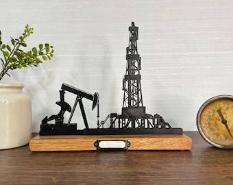 Oil Field Rig and Pump Jack silhouette Art on wooden stand - personalizable