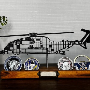 MH-53 Pave Low helicopter - 3D printed Art on wooden stand - optional challenge coin holder base