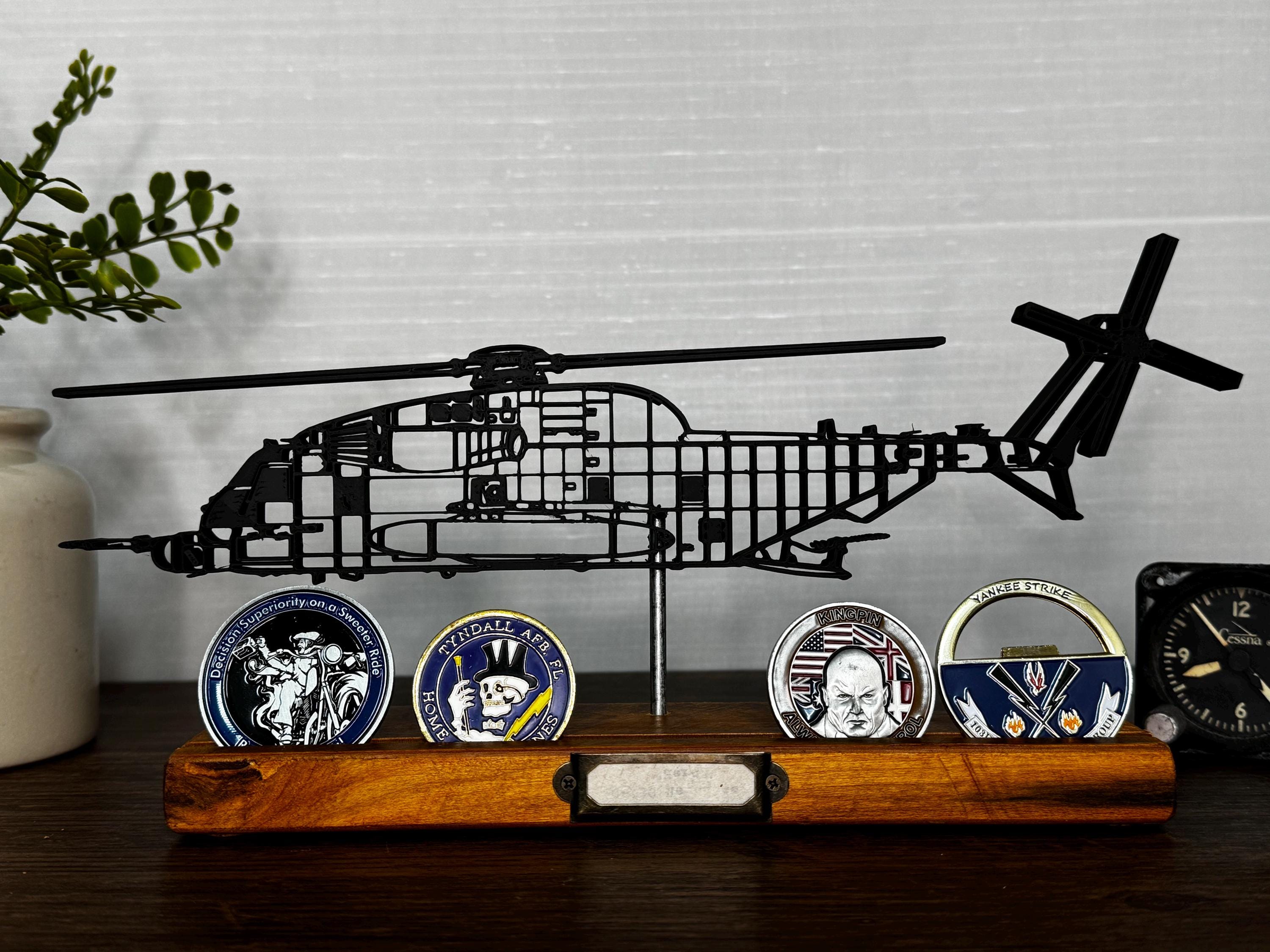 MH-53 Pave Low Helicopter - 3D Printed Art on Wooden Stand