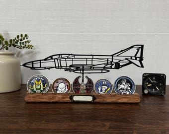 F-4 Phantom II Silhouette Art on wooden stand - optional challenge coin holder base