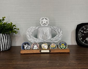 Air Force Operations Support Badge - 3D art on wooden stand with optional challenge coin holder base