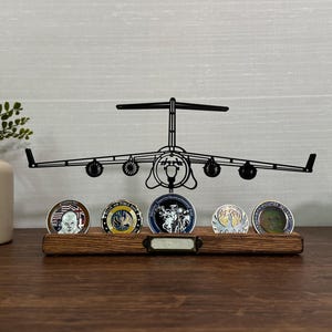 C-17 Globemaster III - 3D printed line Art on wooden stand - optional challenge coin holder base